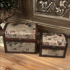Vintage-Inspired Floral Storage Boxes - Brown and Cream set of 2